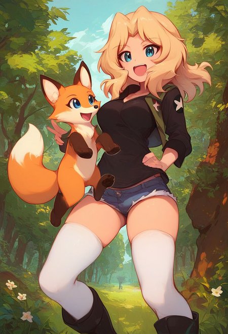 score_9, score_8_up, score_7_up, best quality, masterpiece, 
1girl, Kay (Girls und Panzer), standing, legs apart, white thighhighs, black boots, black shirt, hotpants, blonde hair, blue eyes, outdoors, woods, fox, cute fox, holding fox, happy, joy,
