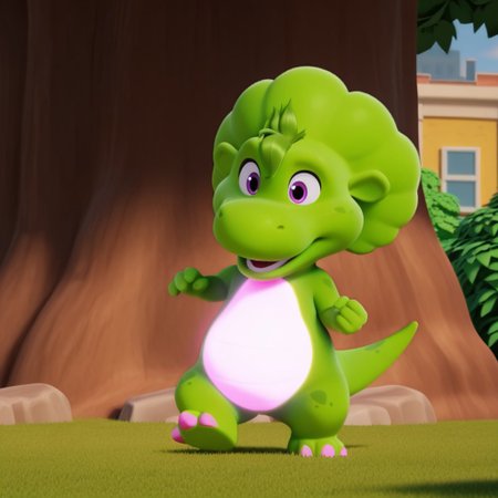 ((masterpiece, best quality, amazing quality,))  bopbwil, semi-anthro, female, dinosaur, green skin, green hair tuft, purple eyes, solo, outside, full body, glowing pink belly