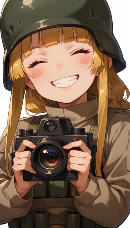 score_9, score_8_up, score_7_up, score_6_up,
 <lora:Fukaziroth:1>fukaziroh_(sao) , 1girl, blonde hair, long hair, helmet, smile, white background, binoculars, grin, simple background, holding, blush stickers, camera, long sleeves, closed eyes, military, explosive