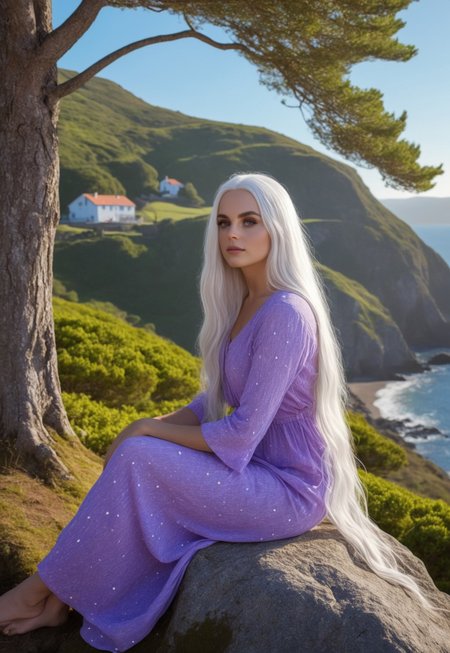 score_7_up, (photorealism:1.5) female, sitting on a rock, 3 magical butterflies flowing around her, reflective expression, gazing at a majestic tree, calm coastal village in the background, soft lighting, vibrant colors, high contrast, hyper-realistic, serene pose, detailed, high-definition, peaceful mood, contemplative atmosphere, slight freckles, long eyelashes, long white hair, glowing purple eyes, raised knee

Background: A serene coastal village nestled between lush green hills and a sparkling blue sea. Rustic wooden houses and vibrant gardens blend with smoke rising from chimneys. A majestic tree stands tall, its branches stretching out. Soft, golden sunlight highlights the tranquil beauty.

The woman sits on a moss-covered rock, her posture relaxed yet contemplative. Her long white hair flows gently, catching the light. Glowing purple eyes gaze at the tree, reflecting wonder. Three magical butterflies with iridescent wings flutter around her. Slight freckles and long eyelashes add natural beauty. Her raised knee and serene pose convey peace.

(8K UHD:1.4).
(((full-clothed))),
 <lora:add-detail-xl:1>
 <lora:Dynamic Poses:1>