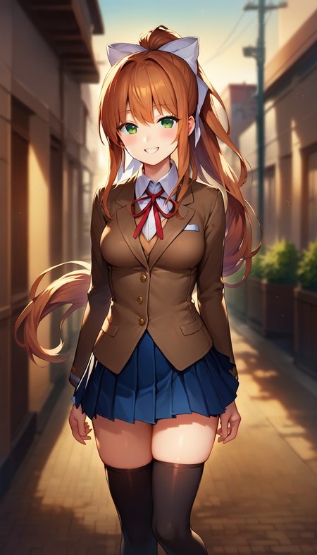 score_9,score_8_up,score_7_up,score_6_up BREAK official art,solo,outdoors,cowboy shot,looking at viewer,facing viewer,smile,blush,Monika,very long hair,brown hair,ponytail,hair bow,white bow,hair ribbon,white ribbon,sidelocks,bangs,green eyes,school uniform,brown jacket,blazer,wing collar,neck ribbon,red ribbon,white shirt,long sleeves,medium breasts,skindentation,blue skirt,pleated skirt,zettai ryouiki,black thighhighs,uwabaki,white footwear,<lora:Monika(ddlc)-Pony:1.8>,