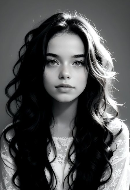 score_9, score_8_up, score_8_up, ((masterpiece, best quality, extremely detailed, absurdres))  female, 1girl, looking at viewer, long hair, curly hair,perfect portrait, close-up, face photograph, only face, intense look, moving, deep thoughtful eyes, pretty eyes, very detailed, simple background, extremely detailed, grey scale, black and white, monochrome,  , (((half face out of frame)))