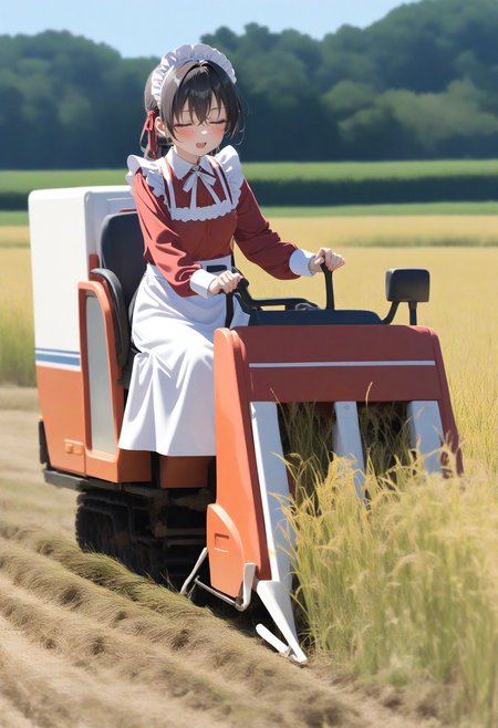 1girl,sincos, ningen mame, toosaka asagi,solo,medium breasts,20yo,maid,maid headdress,
combine harvester,ground vehicle,motor vehicle,grass,outdoors,day,sky,driving,sitting,field,<lora:combineharvester_XL_v1:0.7>
best quality, very aesthetic, absurdres