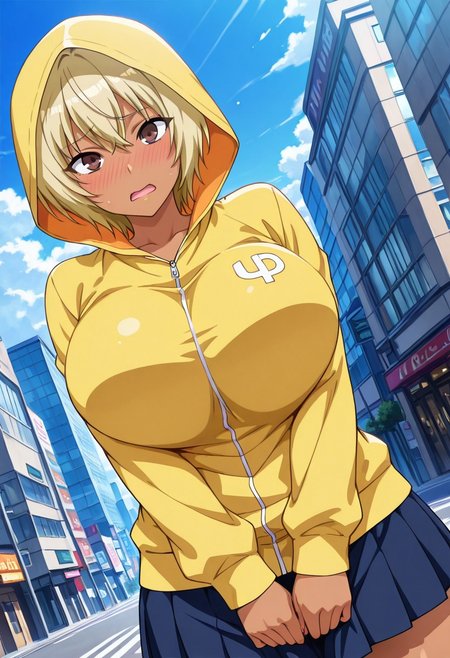 general,highres, ultra-detailed,very aesthetic,best quality ,best hands,best eyes,easynegative,
dynamic anglre, dutch angle, anime cloring,
1girl solo,looking at viewer,city,embarrassed, open mouth, 
Hikaru,dark-skinned female, blonde_hair, short_hair,brown_eyes, huge_breasts,hood,skirt