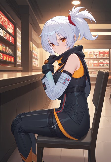 masterpiece, best quality, 4k, expressive eyes, perfect face, high detail, bloom, lens flare, godrays, post processing, cinematic lighting, volumetric lighting, 1girl, Soldier 11, solo, white hair, side ponytail, red rubber band, orange eyes,  black scarf, bodysuit, black and yellow bodysuit, bodysuit ornaments, pockets, red zip, shoulder cut, detached sleeves, white sleeves, black gloves, leather pants, black and orange pants, black and orange shoes, angry, close mouth, Sitting, chair, spicy ramen,  side view, indoors, ramen store, looking at viewer
