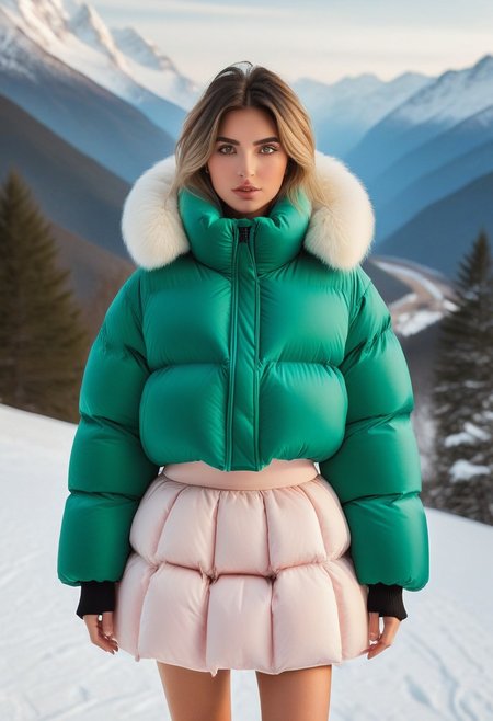 ((((sherpa puffer padded jacket)))), ((((sharpa puffer padded coat)))), ((((puffer skirt)))), ((((cowboy shot)))), ((((from back)))), standing, winter, snow, mountains, 1girl, solo, (masterpiece), (detailed face, detailed eyes), (beautiful detailed eyes:1.5), sidelighting, (super detail, hyper detail, intricate_details, detailed), looking at viewer, (semi realistic:1.6), very detailed face, (Blonde hair), (white hair), absurdly long hair, hair between eyes, (straight hair), (green eyes), put your hair behind your ears, eyelashs, eyeliner, (eye shadow:0.5), wet hair, sweat, white skin, Angry face, (blush), padded cuffs, padded collar, Thick padded cuffs, Thick padded collar, <lora:Collar-SDXL:0.6>, <lora:Cuffs-SDXL:0.6>, <lora:Puffer_Jacket_and_Down_Jacket_-_Extra_Puffy_Jackets:0.6>,  <lora:puffer_skirt_v1:0.6>