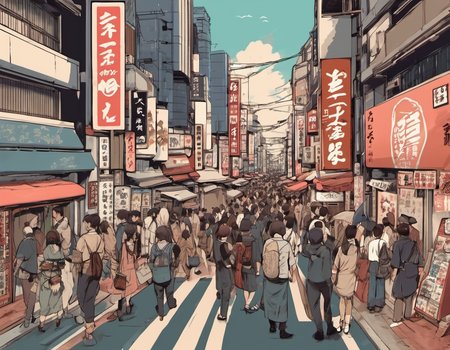 a busy street in tokyo, japan, in the art style of (jsmn style:1.1) <lora:jsmnStyle:1>
