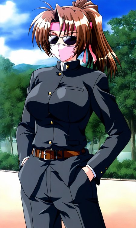 general,highres, ultra-detailed,very aesthetic,best quality ,best hands, BREAK  <lora:kudanshita_Maeka_Tokimeki_Memorial2_IS:1>
kudanshita_Maeka(Tokimeki_Memorial2), 1girl, solo, large breasts,
pink headband, outdoors, sunglasses, brown hair, mouth mask, mask, 
gakuran, ponytail, day, belt, hands in pockets,  tree,
sky, long hair, long sleeves, pants, cloud,