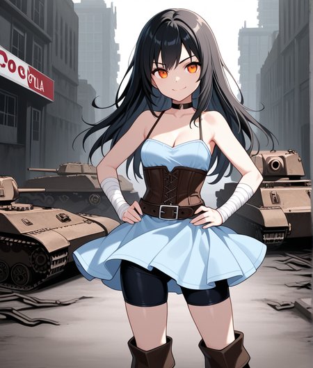 masterpiece, best quality, cola, long hair, black hair，choker, bare shoulders, bandages, boots, orange eyes，wrist wrap, belt, corset, bike shorts, bandaged arm, cleavage, light blue dress, 1girl, solo, young, smile, confident, hands on hip, post-apocalyptic background, buildings, military tanks