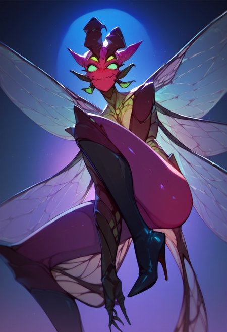 score_9, score_8_up, score_7_up, score_6_up, dark faerie, flying at night, beautiful face, heavy black boots, highly detailed, insect wings, monster boy, perfect eyes looking at viewer, cyan and magenta, colored skin,