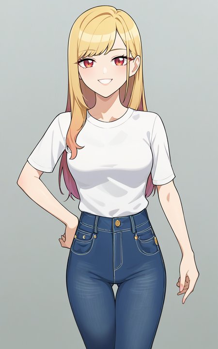 source_anime, score_9, highres, digital artwork, 2024 BREAK
<lora:YanWan v1 0 - Pony:1>
1girl, solo, standing, kitagawa marin, blonde hair, long hair, red eyes, looking at viewer, smile, white shirt, jeans, medium breasts, simple background, white background, thighs,