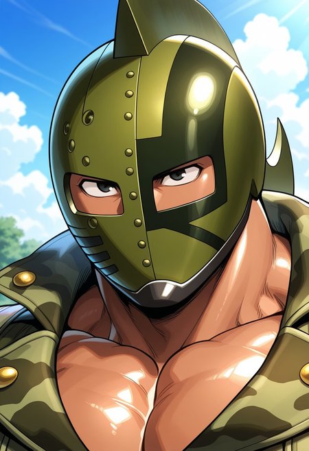 <lora:AtaruKinnikuV2:0.8>, kinnikuman soldier, solo, black eyes, helmet, dark skin, shiny skin, bara, manly, face focus, portrait, camouflage, jacket, BREAK masterpiece, best quality, amazing quality, very aesthetic, high resolution, 4K, extremely-detailed, depth of field, separate focus, newest, scenery, detailed muscles, cinematic lighting