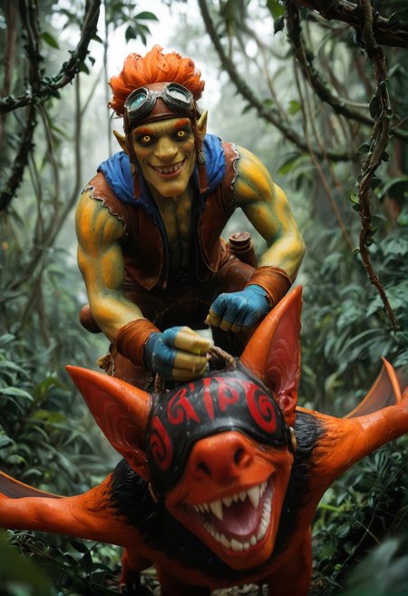 <lora:batrider_v1:1> yellow skin, batrider_v1, 1boy, goggles, goggles on head, bat, riding a bat, colored skin, smile, pointy ears, gloves, teeth, grin, wings, orange hair, riding, red hair, sharp teeth, yellow eyes, score_9, score_8_up, score_7_up, score_6_up, derpibooru_p_95,
detailed eyes, beautiful, detailed background, perfect eyes,
blur censor, blurry, blurry background, blurry foreground, bokeh, motion blur,
chromatic aberration, depth of field, figure, focused,  focus
photography, realistic sun light and shadows, photorealism, UHD --ar 9:16 --style raw --stylize 700,
solo,
dense tropical jungle), with intense rainfall, mist, vines all around, giant and wet trees, tropical flowers, butterflies., submissive face, looking at you, falling in love, flirting,