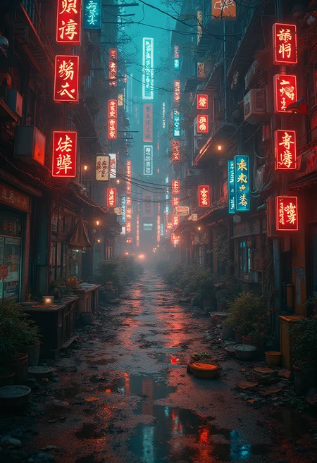 A city street alley illuminated by neon signs, night, lonely, vibrant, sharp details, 8k