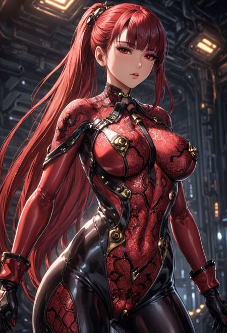 sci-fy, high tech style, dark backgrund, abstract background, close up, from below, expressive shadows, (eve stellar_blade), 18 y.o., arrogant, look at viewer, hands on  thighs, long hair, expressive face, ((cameltoe)), black red skinbodysuit,  red bodysuit, red intricate fractal patterns on bodysuit, (lace party), embroidered, huge breast, narrow waist, wide hips, perfect thighs, high detailed hair, (shiny skin, oiled body), barely covered, hentai style composition, cinematic light, OverallDetail, high-resolution, high detailed textures,  blurred background, concept art, realistic, low light, (nsfw)