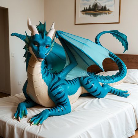 score_9, score_8_up, score_7_up, score_6_up, score_5_up, score_4_up, masterpiece, high quality, realistic, detailed, best quality, white bed, solo, rating_safe, source_furry, bedroom, smiling, seductive, looking at viewer, lying on belly, AquaticDragon, dragon, scales, head frill, head crest, ear frill, tail fin, webbed hands, webbed feet, western dragon, blue wings, striped scales, blue scales, green frill, white underbelly, 1girl, female, feral