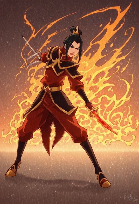 Azula, the fierce and cunning firebender, stands confidently at the center of the scene, wielding a bolt of lightning in her hand. Her eyes are sharp and intense, reflecting her unwavering determination and strategic mind. She is dressed in her traditional Fire Nation armor, which glows with shades of deep red and black, accented by golden details. Her long, dark hair flows behind her like a trail of smoke, subtly moving as if stirred by an unseen breeze. The background is a dramatic, volcanic landscape under a blood-red sky, with molten lava flowing across jagged rocks and plumes of dark smoke rising into the air. Blue flames dance around her, highlighting her unique firebending abilities and adding a contrasting, electric blue hue to the predominantly warm color palette. The atmosphere is charged with tension and raw power, as Azula embodies the dangerous and unpredictable force of fire and lightning. Her stance is both regal and intimidating, conveying a sense of control and command over the elements she wields. The image should be rendered in maximum ultra-high-definition quality, with detailed textures and ultra-realistic lighting to capture the glow of the flames, the sharpness of the lightning, and the intensity of the scene. The special effects should emphasize the crackling energy of the lightning and the heat of the flames, creating a dynamic 8K high-definition image with realistic lighting to enhance the dramatic and powerful atmosphere.