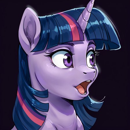 score_9, score_8_up, score_7_up, score_6_up, score_5_up, source_furry, source_furry, 1girl, pony, feral, Purple Skin, Purple Eyes, Twilight Sparkle_(mlp), pog, looking to the side, open mouth, portrait,