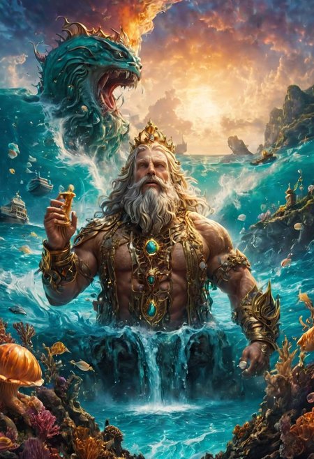 perfect photograph, vast expansive very wide angled photograph, ((in the distance the ocean and seacreatures, mermaids, (the entire water realm), are seen being created by water pouring out of the beard and mouth of Lir (the sea deity)), 
realisticvision-negative-embedding, epiCRealism