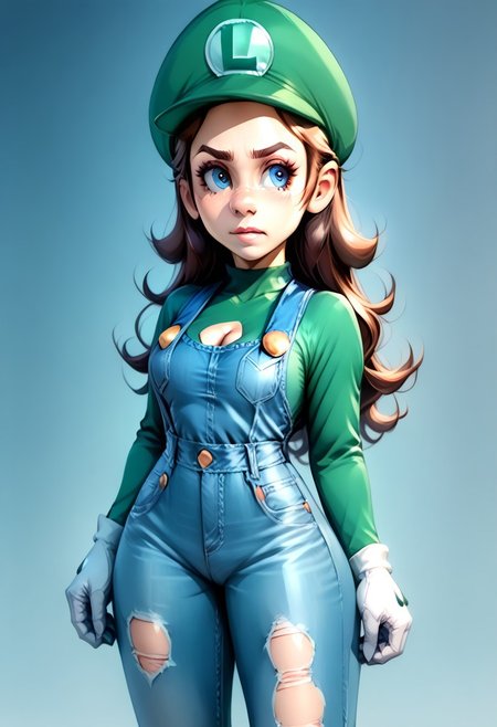 <lora:MtF_Genderswap:1>, genderswap \(mtf\), Luigi, no mustache, no facial hair, adult woman, long nose, extremely long face, extremely long and narrow head shape, very weak chin, extremely weak jawline, brown hair, lightly wavy hair, blue eyes, tall eyes, average bust, average hips, average waist, denim coveralls, green shirt, luigi hat, white gloves, shaking in fear, fearful expression, closed off posture, sneaking, creeping along, hunched over, hands in front of chest, zPDXL, score_9, score_8_up, score_7_up, score_6_up, score_5_up, score_4_up,
full body render, full body, photorealistic image, realistic image, high quality, detailed face, realistic human proportions, detailed clothes, no aura, even lighting, ng_deepnegative_v1_75t,