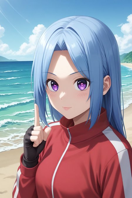 score_9, score_8_up, score_7_up, source_anime, rating_safe, , (realistic:0.6), , , 1girl, solo, <lora:aya_arisugawa_pony:0.82>, aya_arisugawa, blue hair, purple eyes, long hair, bangs, parted bangs, symmetry, beach, ocean, waves, island, dawn, index finger raised, heart eyes, track suit, fingerless gloves, <lora:sdxl_lightning_8step_lora:1>