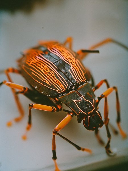 photo of a mechanical bug with orange glowing lines sitting on a white surface, (((vintagehelper))), depth of field, bokeh, wide angle, dramatic lighting, lens flare