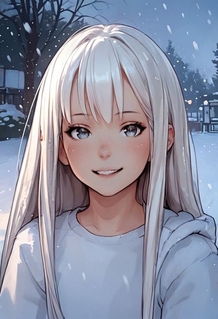 score_9, score_8_up, score_7_up, zPDXL, jeffmacanolistyle, 1girl, long hair, white hair, bangs, rede eyes, smiling, snowing, looking at viewer, colored sketch
 <lora:JeffMacanoli_Style_PDXL:0.90>