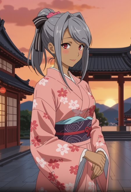 score_7_up, anime screencap,
<lora:HaremTime_YukieXL:0.9>,
1girl, solo, light smile, blush,
YukieHT, (dark skin:1.2), ponytail, grey hair, red eyes, hair ribbon, black ribbon,
pink kimono, floral print,
standing, looking at viewer, cowboy shot,
blurry background, sunset, evening, east asian architecture