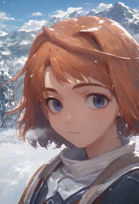 Expressiveh, mai tokiha score_9, score_8_up, score_7_up, 
 nekoyashikiyuki, 
snow mountain, footprints on the snow, white breath, upper body,