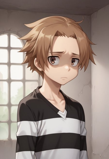 score_9, score_8_up, score_7_up, source_anime, highly detailed, 
albafru, 1boy, solo, brown hair, brown eyes, male focus, striped, upper body, prison clothes,
indoor, dungeon, shaded face, depressed,