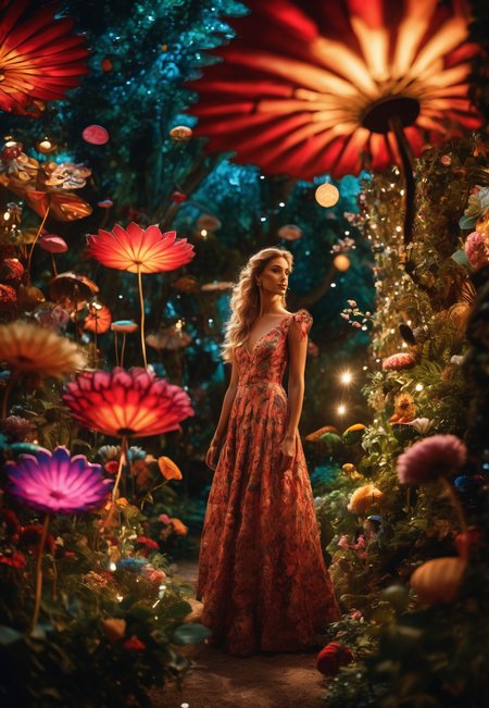 cinematic photo Arcane,  Abdul Djalil Pirous, Alice in Wonderland,  wandering in Enchanted Garden, beautiful,  whimsical wonderland with oversized flowers, talking animals, hidden pathways, swirling lights:1.2, light particles:0.9,life-like, Incorporates vibrant colors, unusual plant arrangements, and fantastical creatures, texture, masterpiece, great art, high quality, best quality, highly detailed, 8k, wide shot, panorama, (Bottom view:1.1), Kodachrome,1970s,(8k, RAW photo, highest quality), eye focus, close up,sharp focus,(detailed eyes:0.8),  <lora:sdxl_photorealistic_slider_v1:1>, (masterpiece,best quality:1.5) . 35mm photograph, film, bokeh, professional, 4k, highly detailed