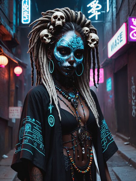 woman, cyberpunk, dark alley way, white face paint, skulls, kaftan, hat, dread locks, beads, magic dark skin, mad-vdprst , night, neon signs, garbage, haze, dynamic pose  <lora:Neon_Cyberpunk_Voodoo_Mage_SDXL:0.8>, (masterpiece:1.2), best quality