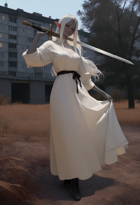 highres, greatscore, absurdres, masterpiece,  1girl, (solo:1.2), sangsoo jeong, mgong520, realistic, safe, dress, aged up, grey skin, pointy ears, white hair, dark elf, smile, red eyes, holding sword, sword over shoulder,<lora:ebenya:1> ebenya, outdoors, building, photo background,   <lora:illustriousXLv01_stabilizer_v1.152_1710796:1> half closed eyes, russian , <lora:noobai_vpred_1_masterpieces_v23:1> masterpiece, best quality, very aesthetic , tree, full body,  <lora:nhl-001:1> nhl-001,  realistic