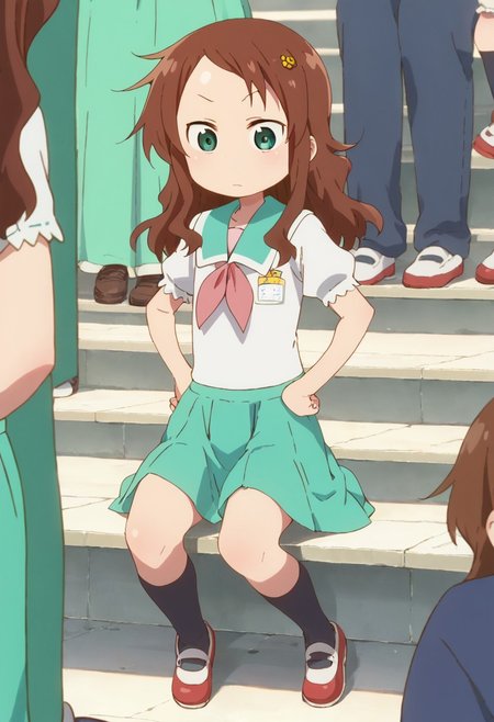 rikos, saisch, long hair, green skirt, brown hair, hair ornament, green eyes, flower, hair flower, school uniform, shoes, socks, uwabaki,  thighhighs,    sitting,   score_9, score_8_up, score_7_up, ,source_anime, best quality, masterpiece,   , full body view,  1girl , solo , girl focus , hands on hips,