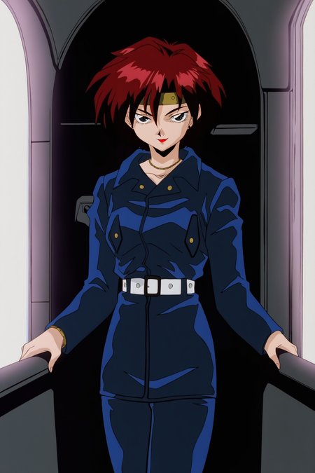 anime screencap,anime coloring,detailed face,masterpiece,best quality,very aesthetic,absurdres,volumetric lighting,official style,amazing quality,ultra detailed,highres,amazing quality,scenery,beautiful detailed hair,beautiful detailed eyes,<lora:Ennil El-IL V1:1>,Ennil El,1girl,solo,red hair,short hair,retro artstyle,1990s \(style\),makeup,red lips,black eyes,breasts,
upper body,looking at viewer,seductive_smile,
blue pants,long sleeves,white belt,boots,blue jacket,headband,necklace,earrings,