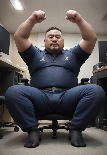 safe_pos, solo, , Chinese middle-aged man, overweight , full body, chubby, fat man, grandpa，Soujirou Marui, ((very short hair)),sparse, facial hair, math teacher, wearing Polo shirt, Polo shirt tucked into pants，dark blue trousers,tight Polo shirt, belt, heat, sweat stains, sweat all over, shame, ((grey groomtache)), bulge, ((((sitting on the office chair, serious)))), blush, drunk,  veins on arms, realistic, realistic lighting, intricate detail, photorealistic, ((below view，low angle))，fetish,((((wearing black nylon socks)))),fat foot, fat legs,foot view, arms up, hands on the hips,