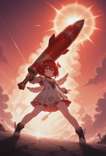 masterpiece, by piaki,  color art,graphic design,illustration cover, cover, high contrast,absurd res,intricate details,best quality, very detailed,best quality,amazing quality,very aesthetic,absurdres,newest,1girl,solo, cute,tribbie
, cross-shaped_pupils ,null_artstyle,missile ,holding missile, holding, foreshortening, sunrise stance, holding,low view,