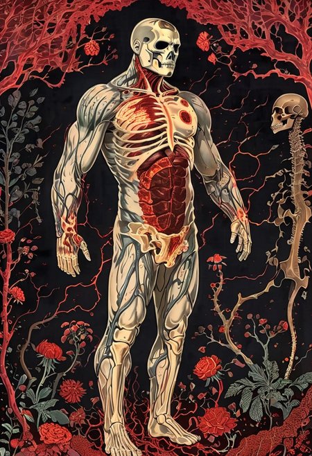 human anatomy cross-sections layers, skin peeled revealing doom slayer blood petals musculature, lush scarlet red hellscape, hellfire, fiery organ systems, demonic neural  network harsh spikes composing bone structures, intricately detailed vascular vegetal networks, intertwining roots vine musculature, vibrant jewel-toned black spikes pistils stamens bloodied viscera, verdant emerald moss creeping skin textures, life sprouting from earthy interior, Doomguy, soviet poster, all written in soviet style posters, full body,