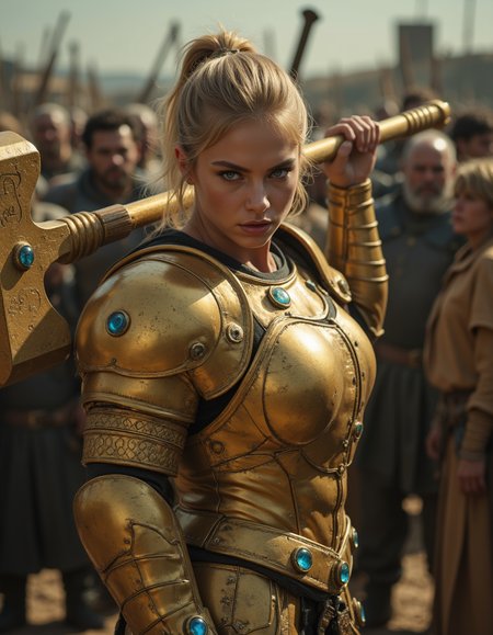 A cinematic full body view photograph of  a female Paladin in  golden armor wielding a huge hammer mace. Her armor has large gems encrusted in it. Her golden blonde hair is pulled back into a high pony tail and her eyes are a piercing grey. She's standing in front of a crowd of ragged villagers, ready to defend them. Her huge golden hammer and several large blue gems in it and it glows with a golden aura. Her huge hammer is resting on her shoulder. She is muscular and has an imposing stance. She has an angry expression on her face and she's snarling and growling as she prepares to fight. <lora:Flux\EXM.safetensors:0.3:0.3> <lora:Flux\muscleMixV2.safetensors:0.25:0.25> <lora:Flux\Detailer\FLUX-dev-lora-add_details.safetensors:0.25:0.25> <lora:Flux\Detailer\AntiBlur.safetensors:1.0:1.0>