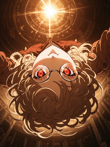 anime girl, upside-down perspective, reaching hand toward the camera, intense expression, round glasses reflecting light, soft curls, dramatic lighting, glowing red eyes, intricate details, cinematic composition, manga illustration, colored anime style, warm golden hues, high contrast, soft focus edges, dreamlike atmosphere, high-quality rendering  <lora:AnimeSKetch:2>