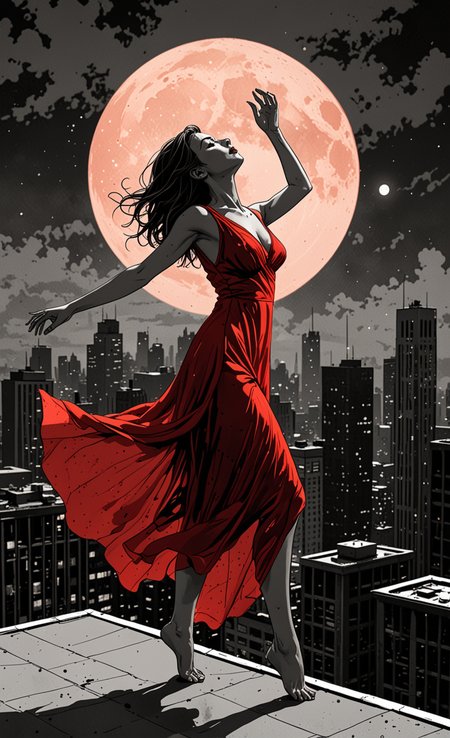 ink illustration, hauntingly sad scene of a woman dancing on her own on the roof of a skyscraper under a red moon, the woman's red dress and moon are the only splashes of color, ink splashes, rough ink sketch, moody, gloomy, dark picture, high contrast, stylized, ultra detailed(Very Intricate), <lora:Dices_real_style_cartoon:0.6>, Ultra Realistic, cartoon, 3D UHD,