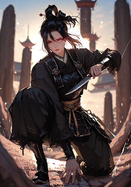 masterpiece, best quality, good quality, very aesthetic, absurdres, newest, 8K, depth of field, focused subject, visual storytelling, dynamic composition,
stylized, scenery, bokeh, blurred background, 
Black Myth Wukong, Wukong hairstyle,
chinese mythology, (dynamic pose:1.3), eye-trails, fighting-stance, eye trail, zone-eyes, high speed motion, intense action shot, curved black knife, (carvings on the knife)
upper body focus,
storm aura, divine energy, long flowing sash, ancient armor, windblown hair, dramatic sky, celestial clouds, mythic scale, sakura petals, cinematic composition, backlighting, volumetric light, storytelling scene, symbolic environment, god-tier illustration,(sketch:1.3), in the style of cksc, detailed hand grip on knife