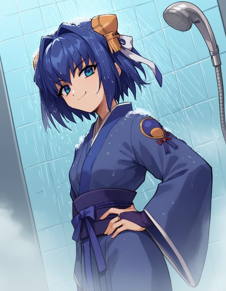 score_9, score_8_up, score_7_up, source_anime, <lora:daiakuji-yume-ova-ponyxl-lora-nochekaiser:1>, yume, short hair, blue eyes, hair ornament, blue hair, hair intakes, ribbon, hair ribbon,, long sleeves, japanese clothes, bridal gauntlets,, shower, water, steam, shower head, tiles, , smug, hands on own hip,, looking at viewer, solo,, dutch angle, cowboy shot