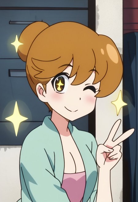 score_9, score_8_up, score_7_up, best quality, masterpiece, anime screencap, anime coloring, 1girl, solo, looking at viewer, mankanshoku sukuyo, 1girl, one eye closed, brown hair, solo, smile, brown eyes, short hair, breasts, blush, cleavage, star (symbol), ;), sparkle, looking at viewer, v,