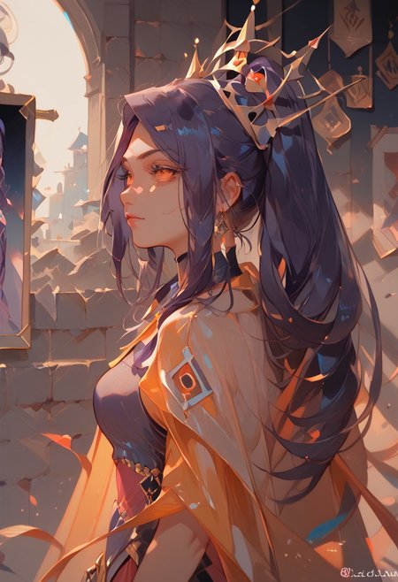 (portrait, painting on the wall of the royal queen:1.3), painting focus, regal, holding a royal scepter, from side, from front, royal cape, exquisite clothes, rich embroidery, veil, (score_9, score_8_up, score_7_up,), jill stingray, twintails, dark purple hair, in a museum, vibrant colors, high contrast, detail1eye,