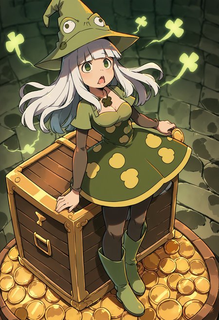 (score_9,score_8_up,score_7_up,score_6_up,score_5_up,score_4_up, source_anime:1.2),  from above, from afar, (contrasting colors, bright colors:1.1),  (Eruka_Frog, green hat, leprechaun hat:1.3), 1girl,  thin, curves, adult, thin waist,  medium size breasts, shamrock necklace, open mouth, white hair,long hair,bangs, thin hat, witch hat, golden dress,black pantyhose,green boots,green polka dots,polka dot dress, (shamrocks, mystical forest, three-leaf clover, treasure chest, gold, gld coins, black magic:1.2),( dusk, bright lightsource, holy theme, glowing, detailed background:1.2),   <lora:Eureka_Frog_v10:1>,  <lora:add-detail-xl:1.2>,  <lora:xl_more_art-full_v1:1>