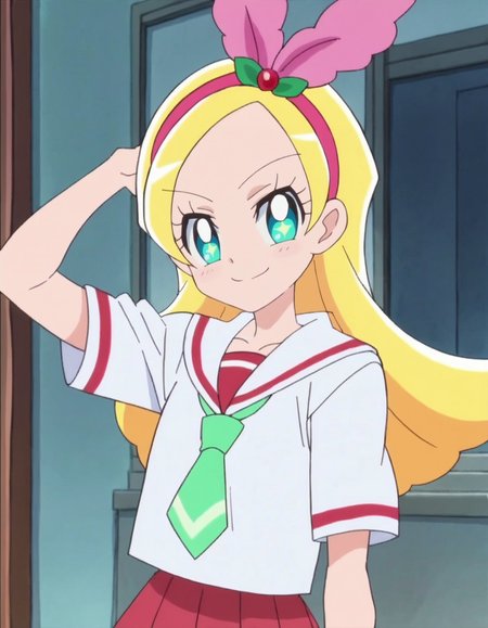 score_9, score_8_up, score_7_up, 1girl, solo, anime screencap, kiraboshiciel, school uniform, hairband, smile, pink hairband, looking at viewer, necktie, serafuku, green necktie, red skirt,   cowboy shot,small breasts,<lora:kiraboshiciel:0.8>