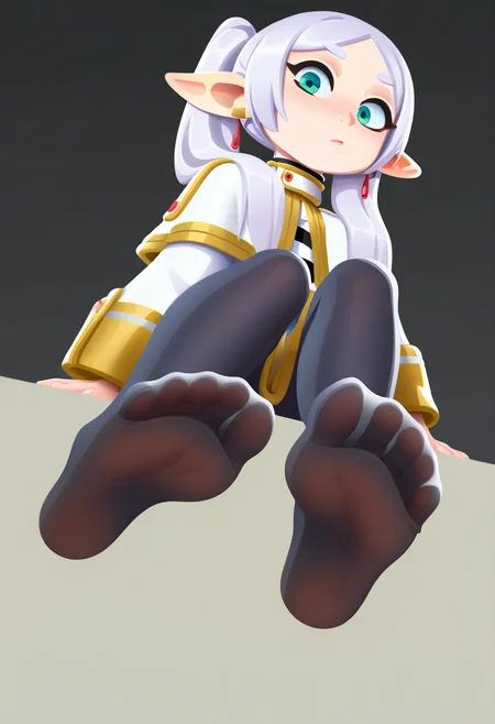 best quality, amazing quality, very aesthetic, absurdres,
BREAK
frieren, 1girl, green eyes, solo, sitting, foot focus, white capelet, black pantyhose,
looking at viewer,
from below, feet, soles, simple background,   <lora:TomacoSunderlandNoobLocon_byKonan:1>