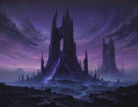 As dawn painted the horizon in shades of violet and indigo, the ghostly outlines of towering edifices emerged from the darkness, their jagged forms etched against the starlit sky like dark silhouettes of a forgotten sci-fi epic, b3ks1n