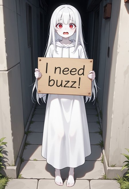masterpiece,best quality,amazing quality,newest, absurdres, highres, 1girl, detailed eyes, beautiful, perfect eyes, finely detailed face, pale white skin, white hair, long straight hair, red eyes, looking at viewer, scared face, open mouth, white robe, thin arms, thin legs, barefoot, backstreet, amazing quality, very aesthetic, need_buzz, holding sign, white sign
